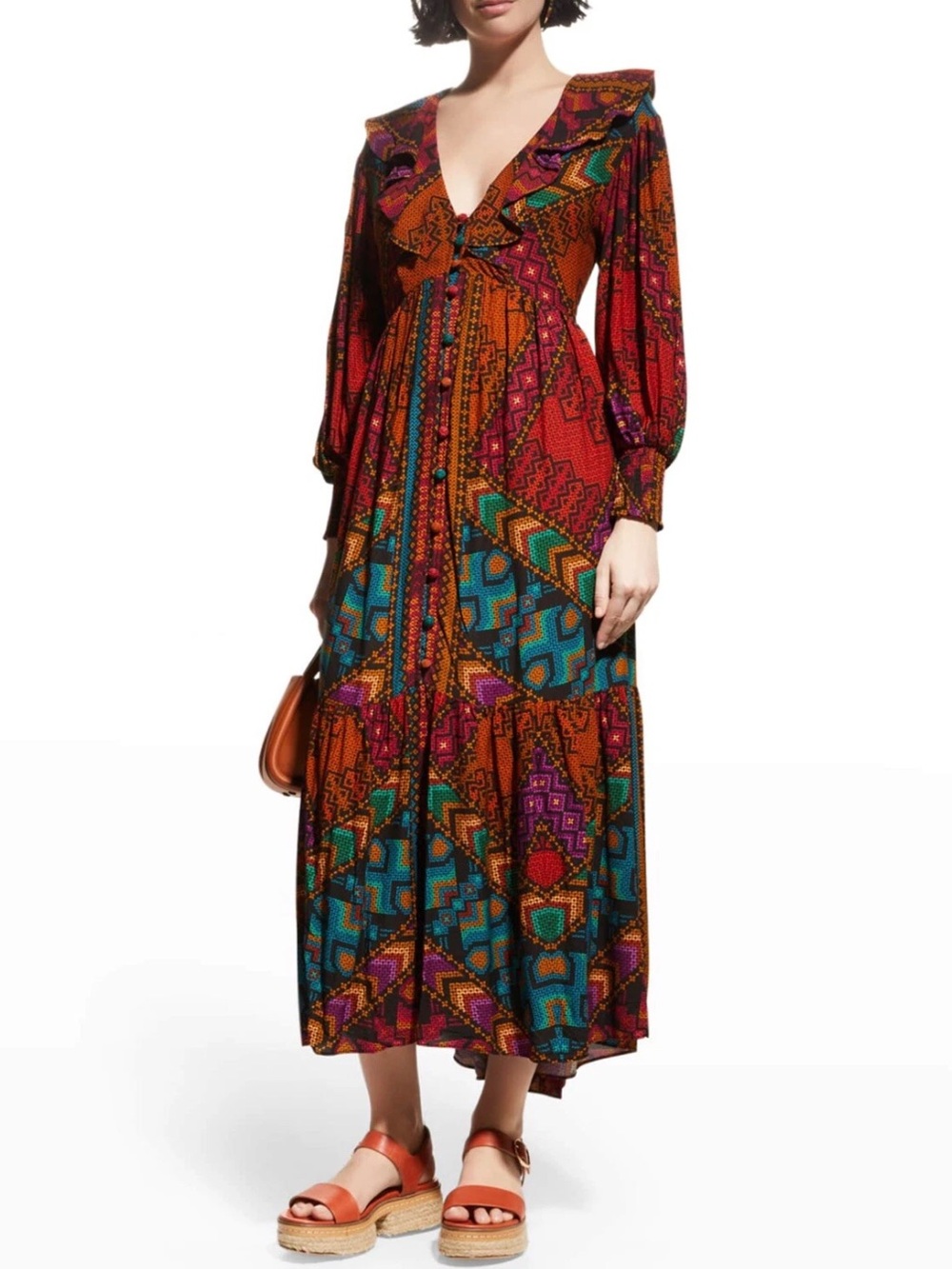 Farm Rio V-Neck Yawanawa Ruffle Boho Maxi Dress Size L - Runs a tad big - Picture 2 of 14